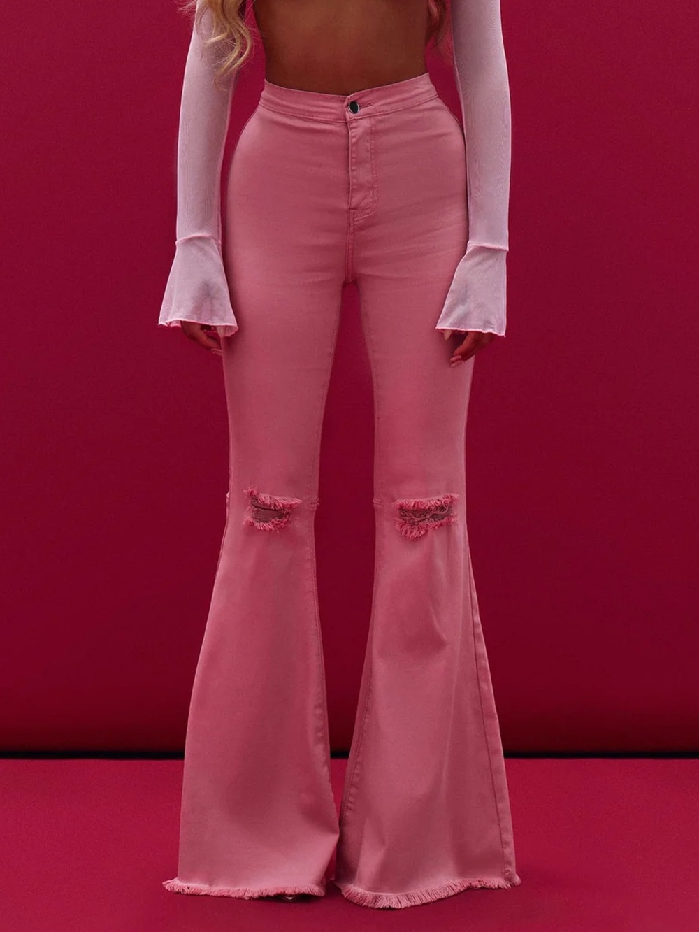 Fashion Nova Mystery Solved Extreme Bell Bottom Jeans Blush Pink